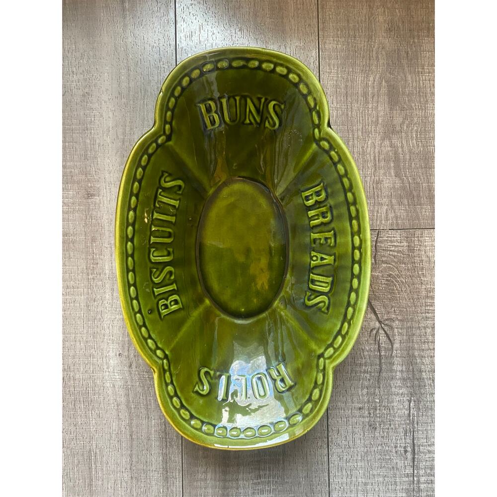Vintage Los Angeles Potteries Bread Buns Biscuits Rolls Dish Olive Green USA